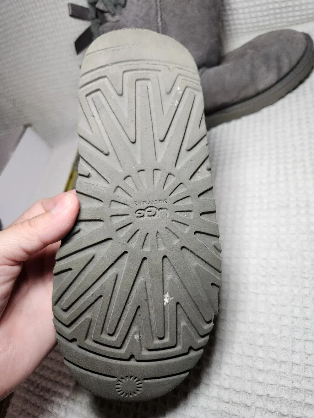 UGG Gray Bow Back Shearling Boots Flawed